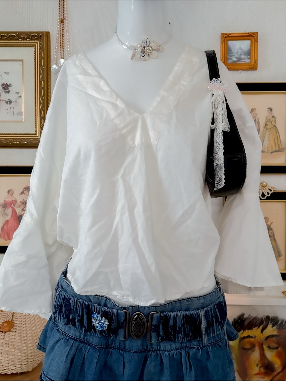 Boho coastal romantic girly flowy cotton blend white blouse